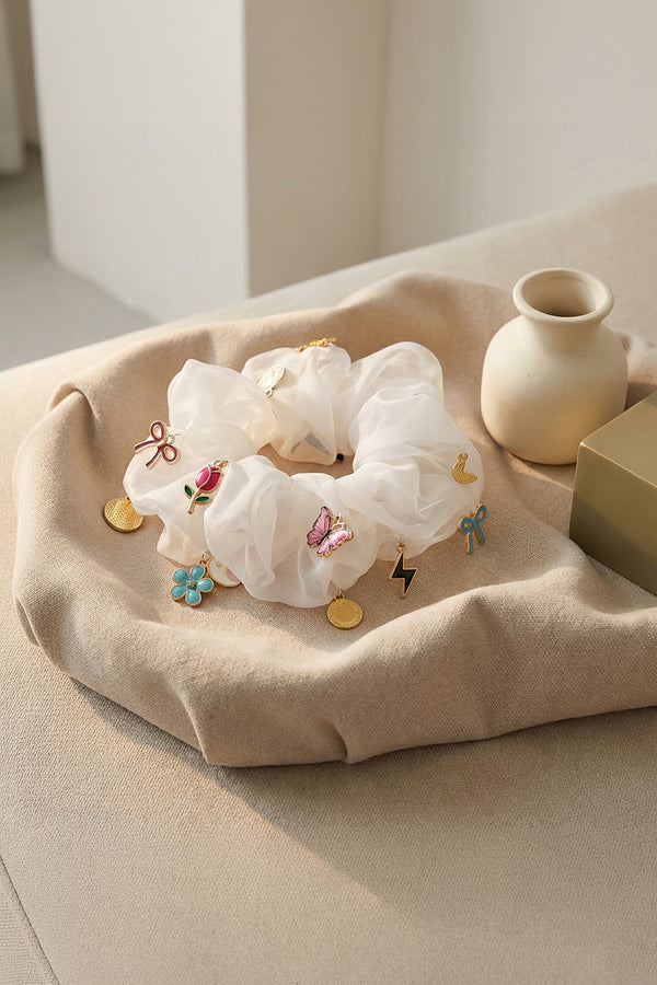 Oversized Organza Scrunchie with Charms - White