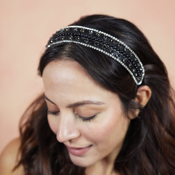 Crystal & Pearl Mesh Hair Band - Black