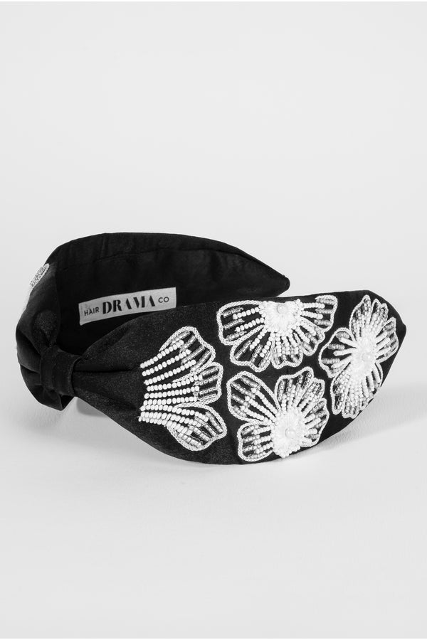 Flora Embellished Knotted Hair Band - Black