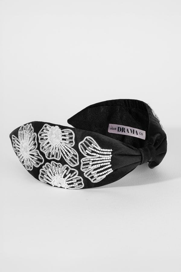 Flora Embellished Knotted Hair Band - Black