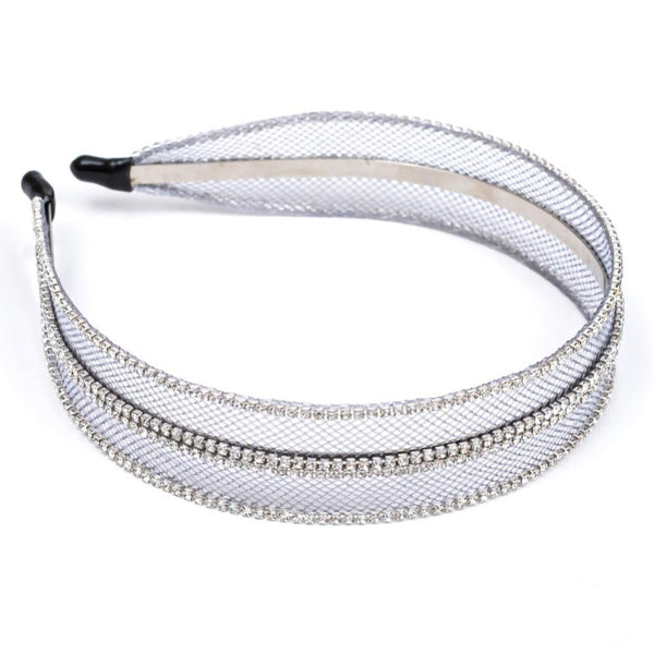 Mesh Hair Band with Crystals - Grey