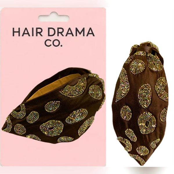Spotted Gleam Beaded Knotted Headband - Dark Brown