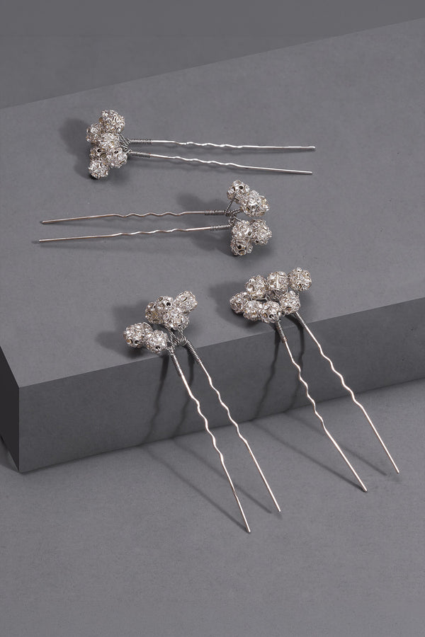 Set of 4 Embellished Pearls U Pins - Silver