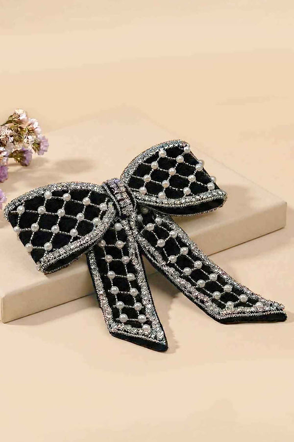 Embellished Velvet Hair Bow Barrette Clip - Black