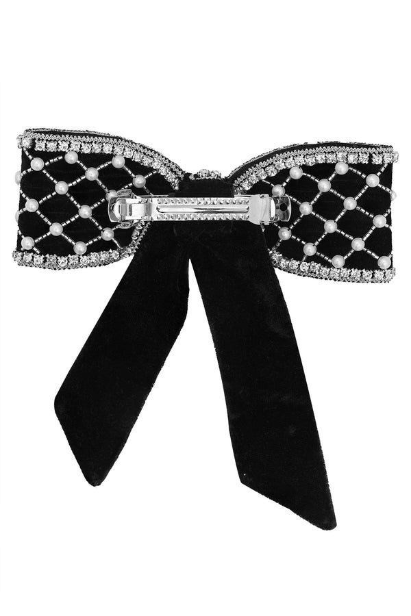 Embellished Velvet Hair Bow Barrette Clip - Black