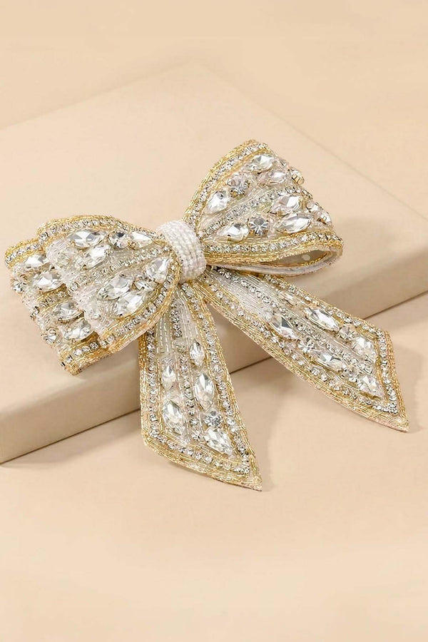 Embellished Crystal Hair Bow Barrette Clip - Gold & Silver
