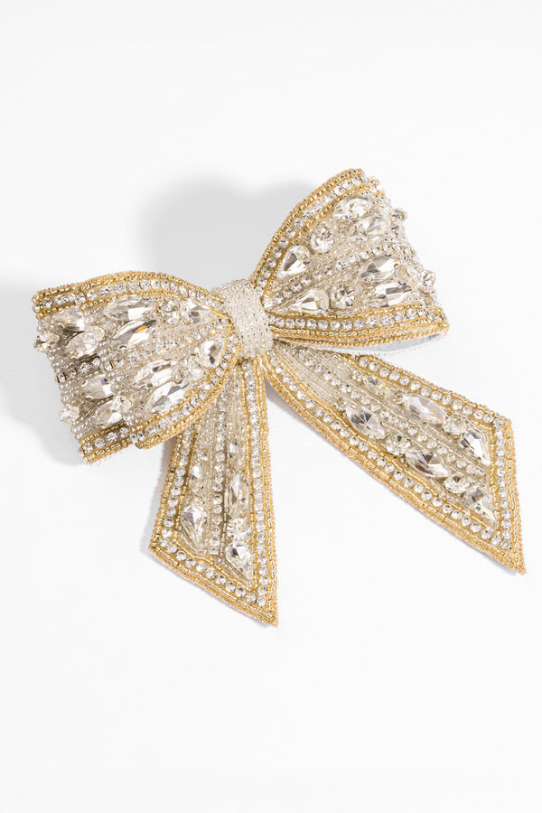 Embellished Crystal Hair Bow Barrette Clip - Gold & Silver
