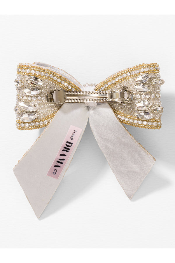 Embellished Crystal Hair Bow Barrette Clip - Gold & Silver
