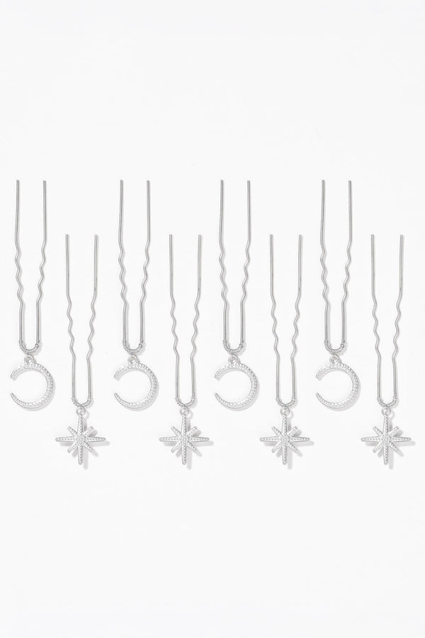 Celestia Silver Star & Moon Hair Pins - Set of 8