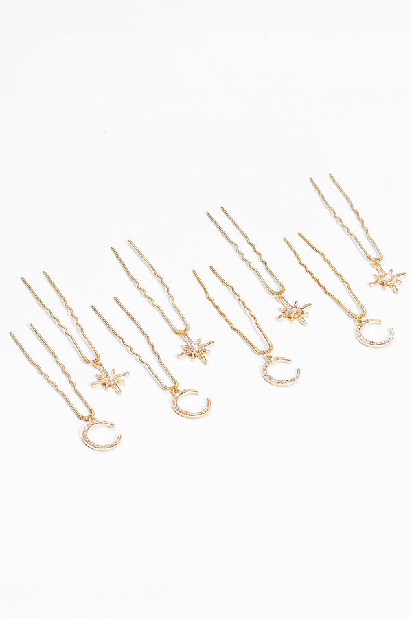 Celestia Golden Star & Moon Hair Pins - Set of 8