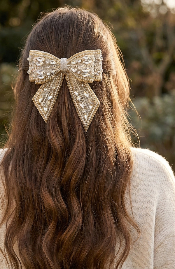 Embellished Crystal Hair Bow Barrette Clip - Gold & Silver