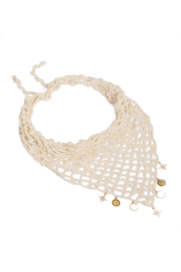 Bohemian Crochet Headscarf with Celestial Charms - Off-white - Small