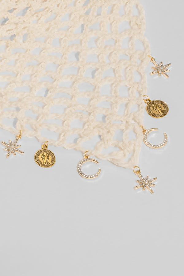 Bohemian Crochet Headscarf with Celestial Charms - Off-white - Small
