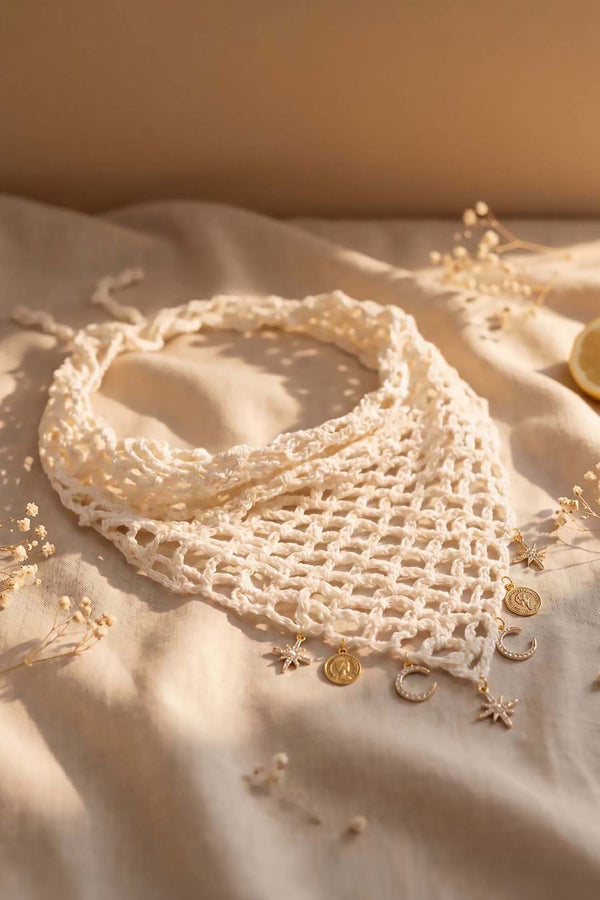 Bohemian Crochet Headscarf with Celestial Charms - Off-white - Small