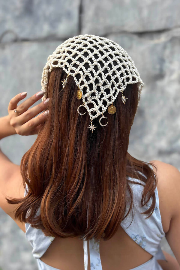 Bohemian Crochet Headscarf with Celestial Charms - Off-white - Small
