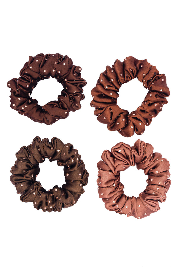 Luxury silk Scrunchies Set of 4 with Free Pouch - Brown Crystal Gift Set