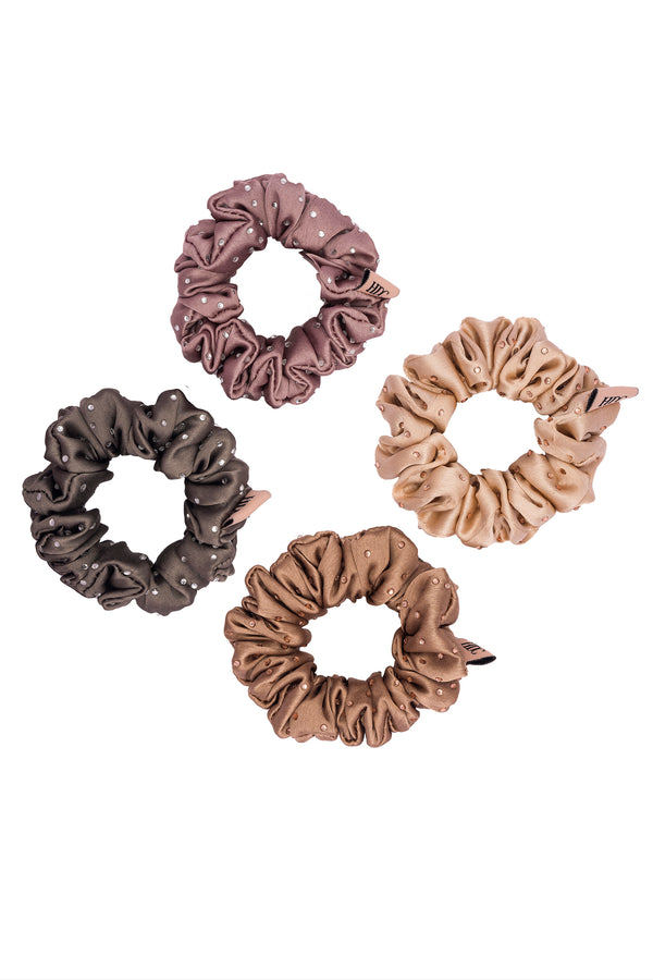 Luxury silk Scrunchies Set of 4 with Free Pouch - Neutral Crystal Gift Set