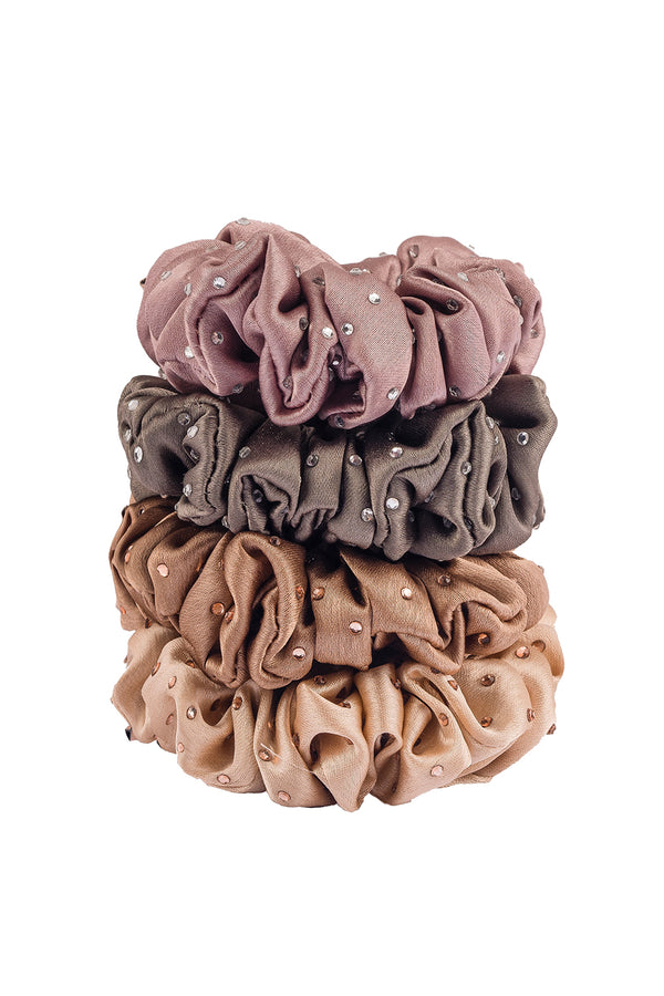 Luxury silk Scrunchies Set of 4 with Free Pouch - Neutral Crystal Gift Set