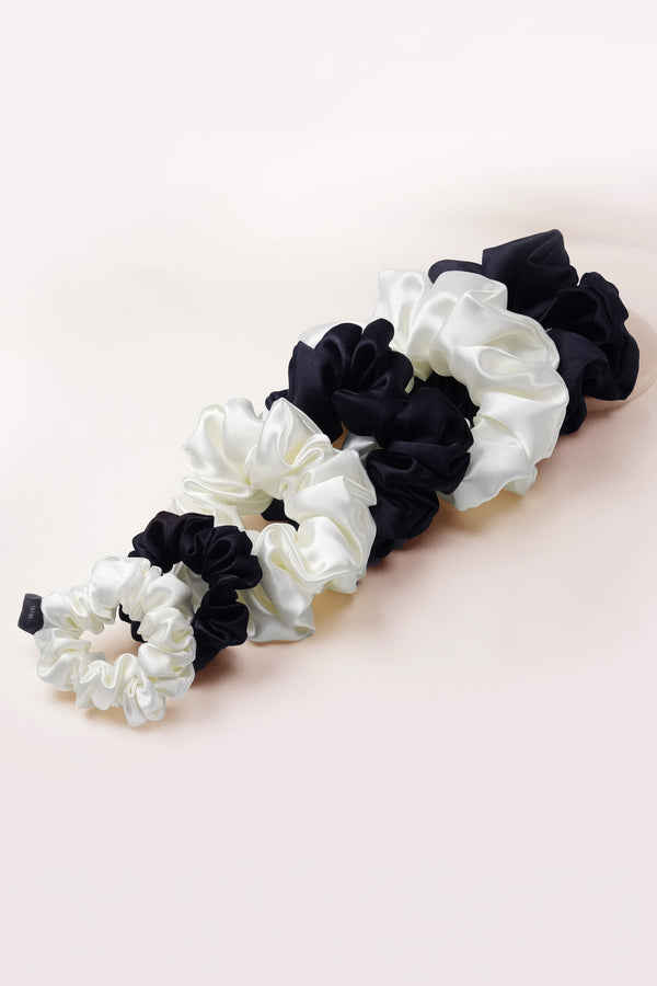 Black & White Silk Satin Scrunchies - Set of 6