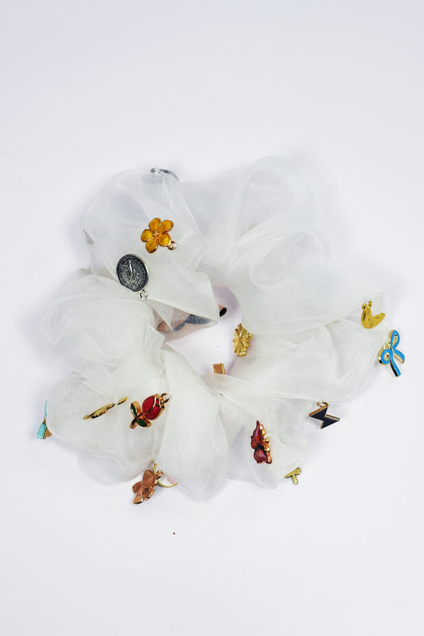 Oversized Organza Scrunchie with Charms - White