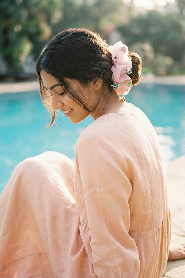 Oversized Organza Scrunchie with Charms - Pink