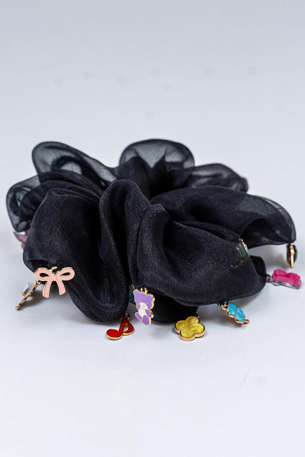 Oversized Organza Scrunchie with Charms - Black