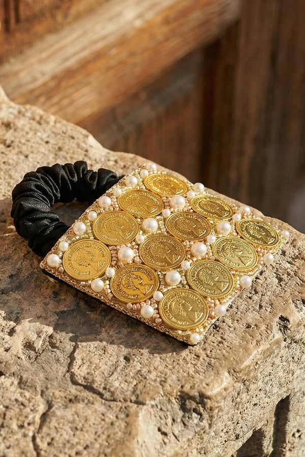 Embellished Coin Ponytail Holder - Gold