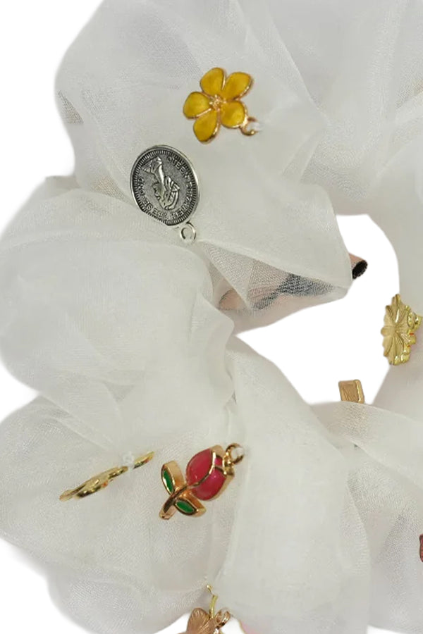 Oversized Organza Scrunchie with Charms - White
