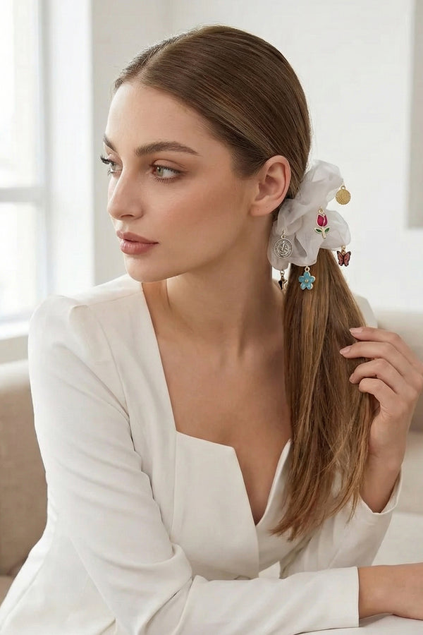Oversized Organza Scrunchie with Charms - White