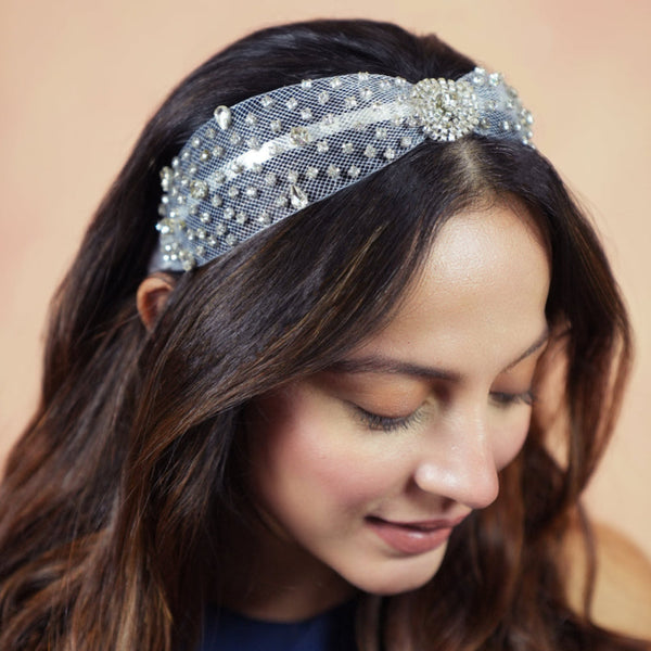 Crystal Mesh Knotted Hair Band - White