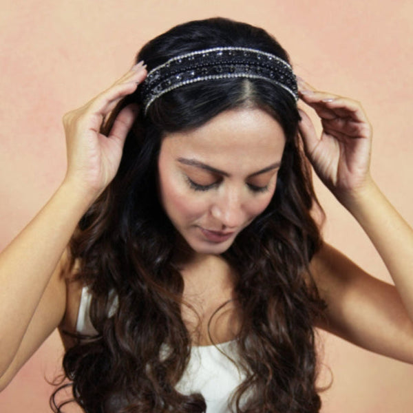 Crystal & Pearl Mesh Hair Band - Black