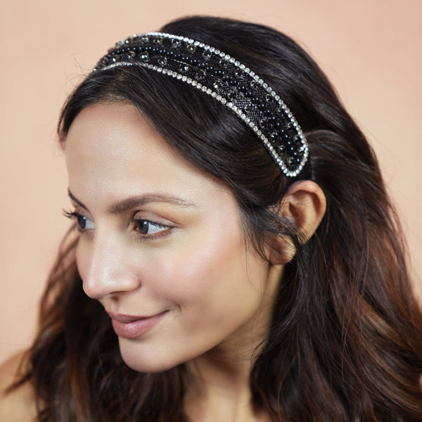 Crystal & Pearl Mesh Hair Band - Black