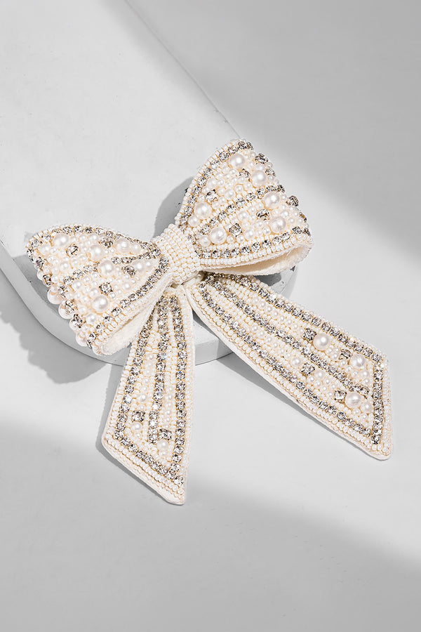 Embellished Crystal & Pearl Hair Bow Barrette Clip - Silver