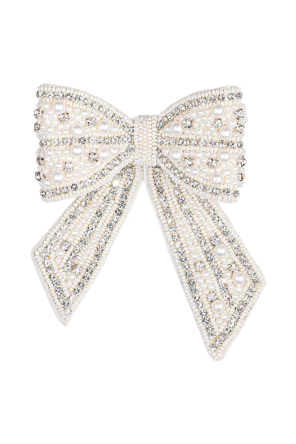 Embellished Crystal & Pearl Hair Bow Barrette Clip - Silver