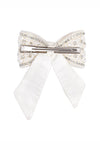 Embellished Crystal & Pearl Hair Bow Barrette Clip - Silver