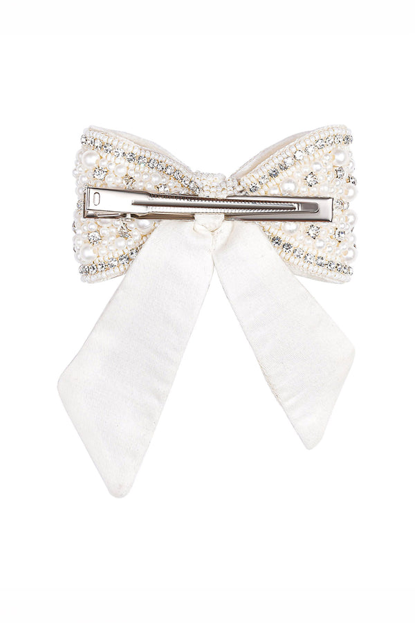Embellished Crystal & Pearl Hair Bow Barrette Clip - Silver