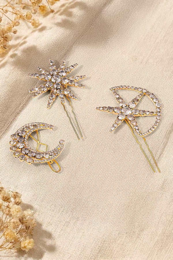 Set of 3 Celestia Crystal Hair Pins -Gold