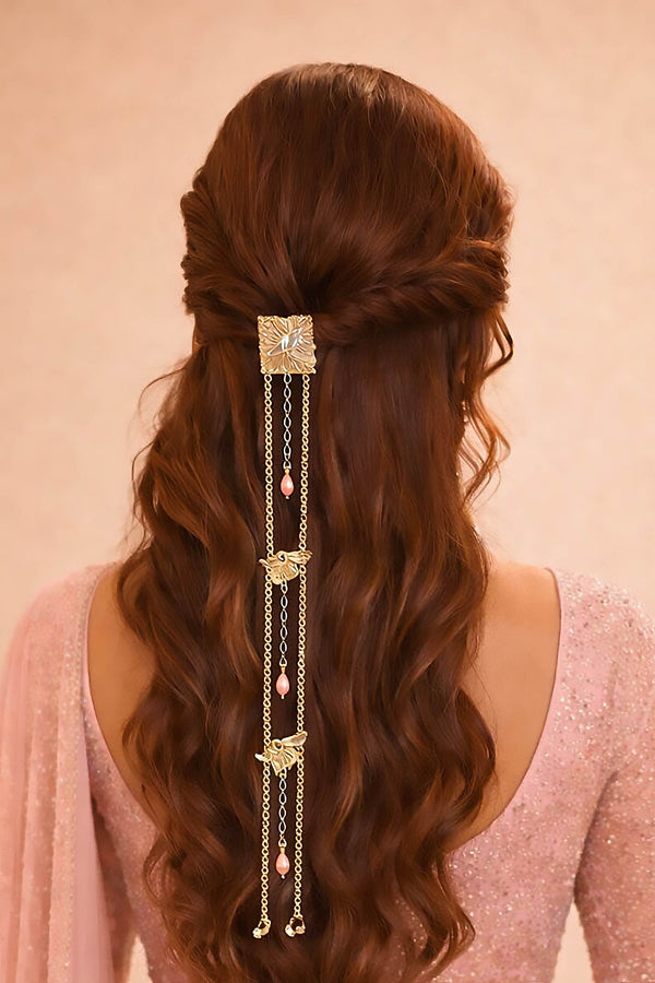 Gold Plated Shell Hair Braid with Pink Beads