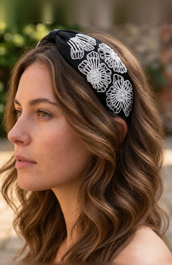 Flora Embellished Knotted Hair Band - Black