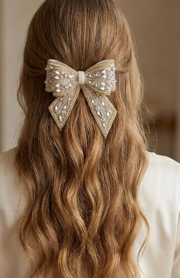 Embellished Crystal Hair Bow Barrette Clip - Gold & Silver
