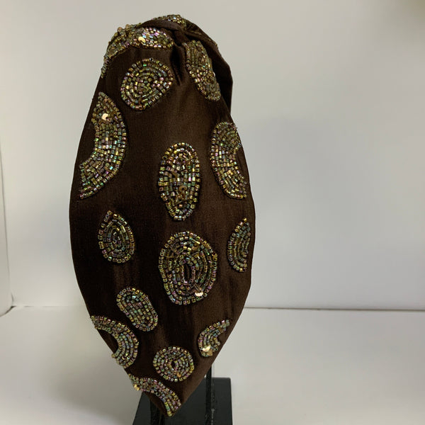 Spotted Gleam Beaded Knotted Headband - Dark Brown