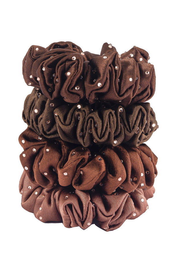 Luxury silk Scrunchies Set of 4 with Free Pouch - Brown Crystal Gift Set