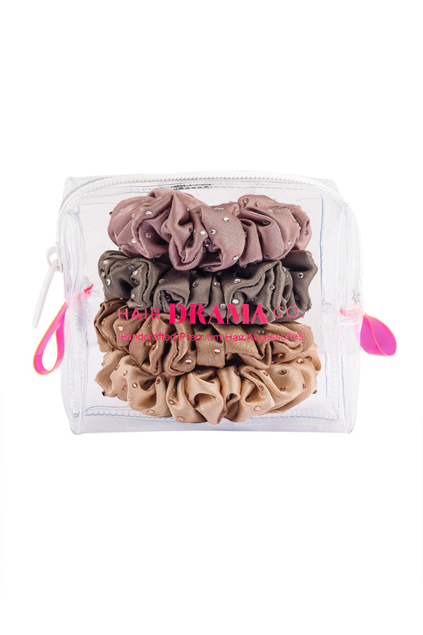 Luxury silk Scrunchies Set of 4 with Free Pouch - Neutral Crystal Gift Set