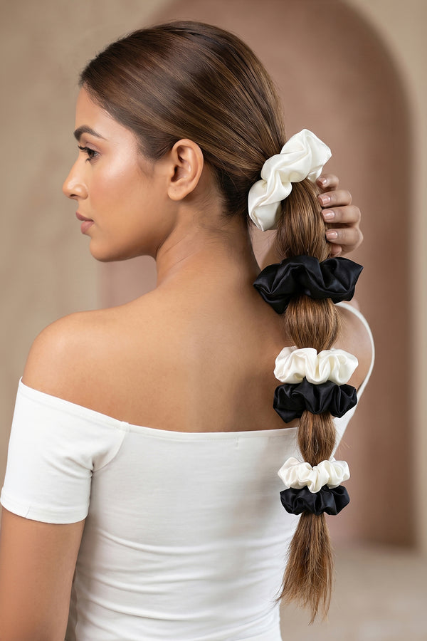 Black & White Silk Satin Scrunchies - Set of 6