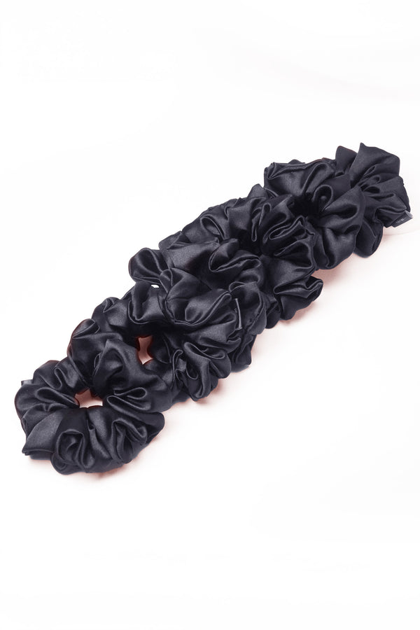 Black Silk Satin Scrunchies - Set of 6