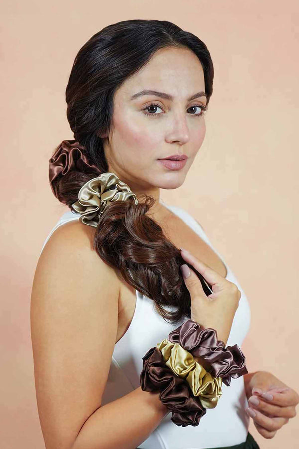 Neutral Silk Satin Scrunchies - Set of 6