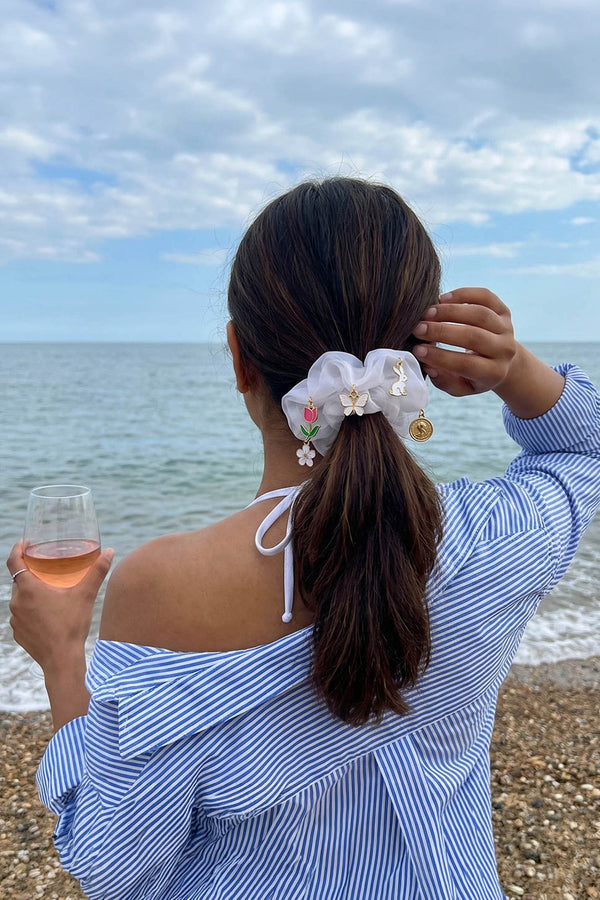 Oversized Organza Scrunchie with Charms - White