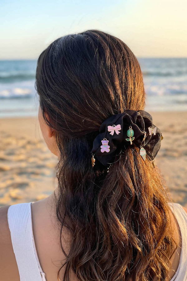 Oversized Organza Scrunchie with Charms - Black