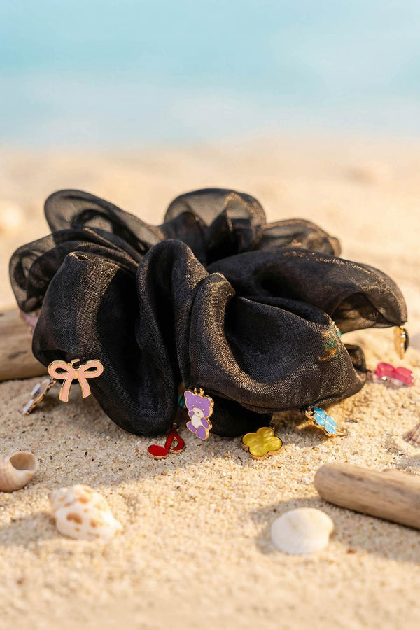 Oversized Organza Scrunchie with Charms - Black