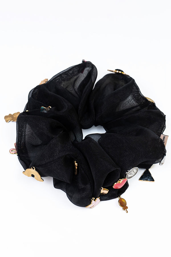 Oversized Organza Scrunchie with Charms - Black